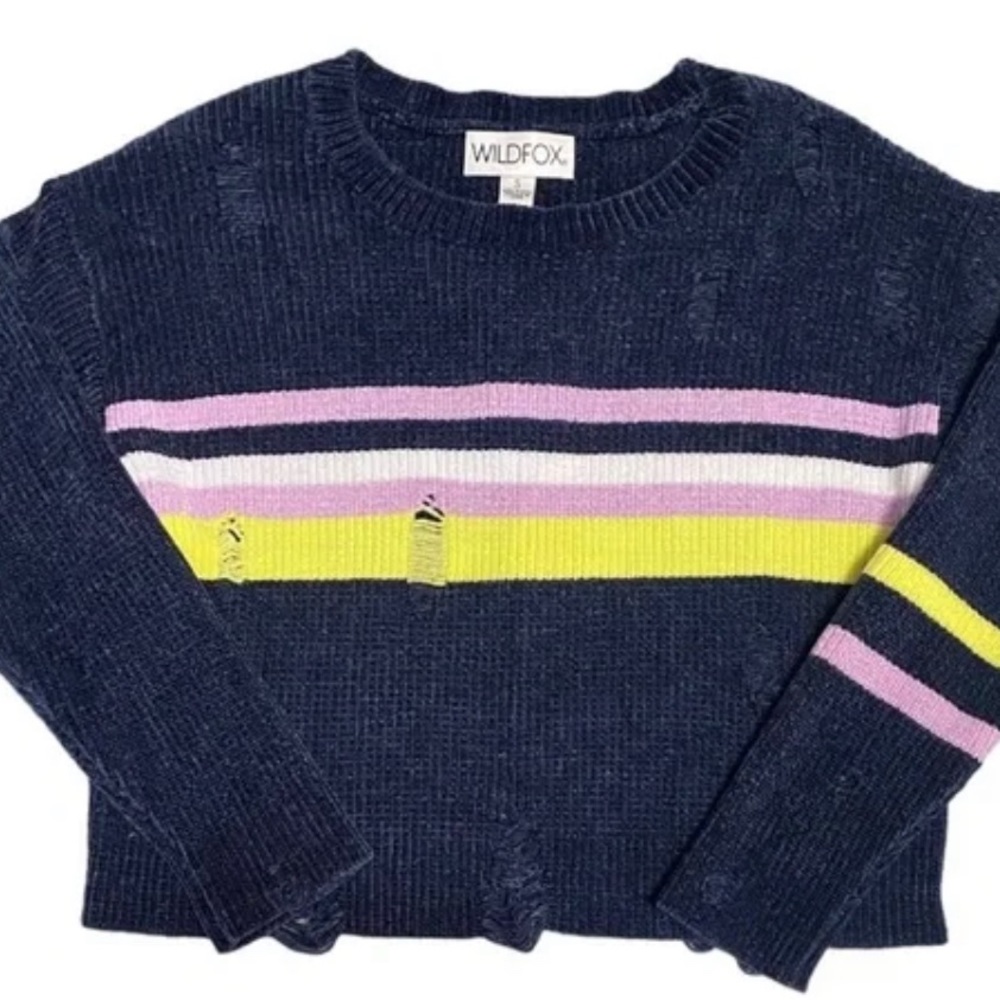 🦊💋 WildFox Navy Blue Distressed Chenille Sweater with pink & yellow stripes